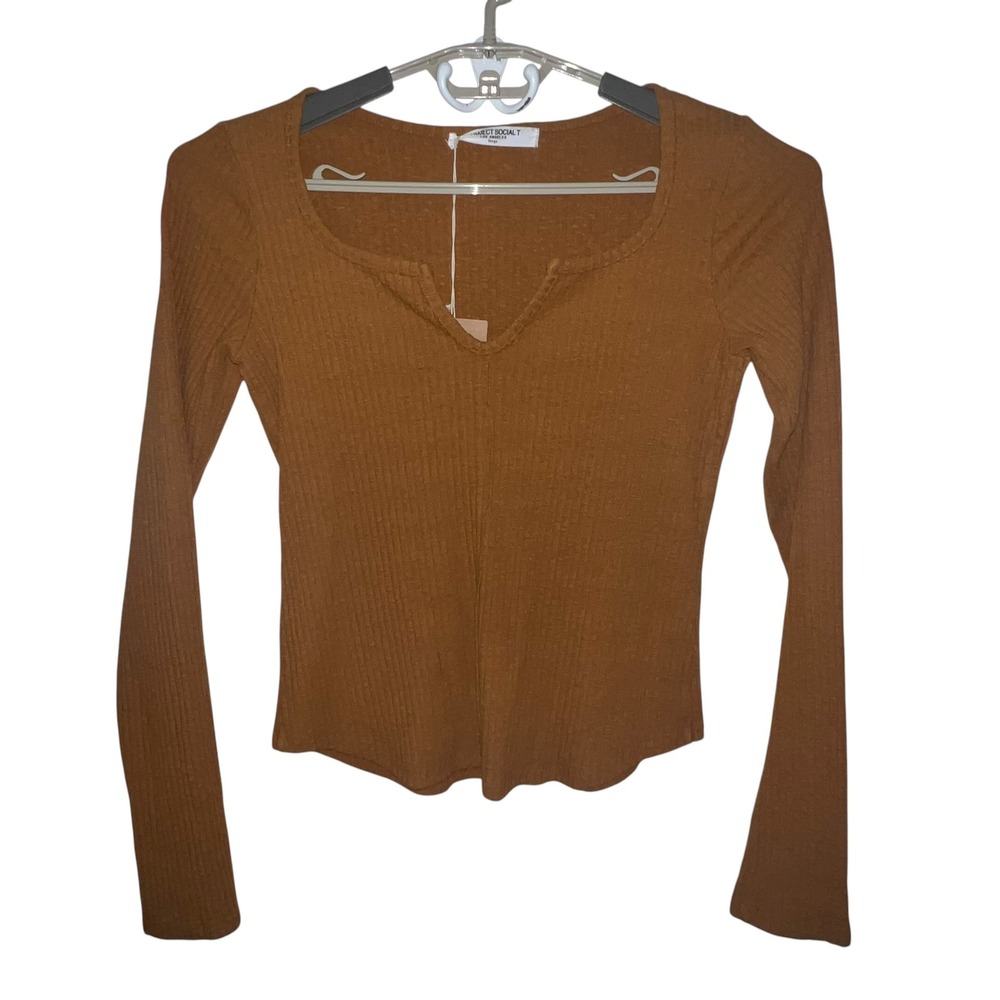 Project Social T Voyager Notch Neck Top Ribbed Long Sleeve Brown Large Sweater